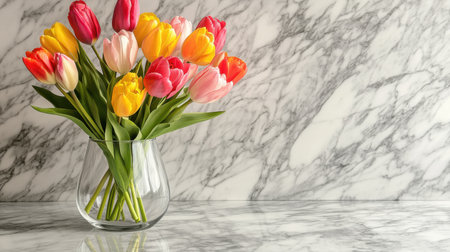 A vibrant tulip arrangement in a clear glass vase, elegantly placed on a marble countertop.の素材