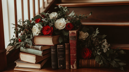 A vintage-inspired floral arrangement featuring fresh roses and antique books.の素材