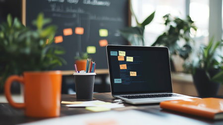 A brainstorming workspace featuring an open laptop, a whiteboard with sticky notes, and an office coffee mug.の素材