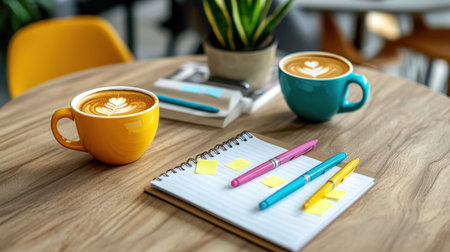 A brainstorming setup featuring pens, sticky notes, a planner, and a cup of coffee on a modern office table.の素材
