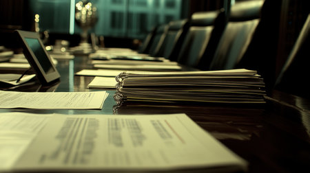 A business conference table with neatly stacked documents, open notebooks, and a tablet displaying financial statistics.の素材