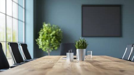 A clean and sophisticated boardroom featuring a wooden conference table, black chairs, and a smart digital projector.の素材