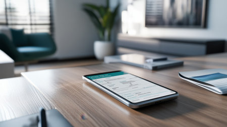 A close-up of a smartphone displaying an ad campaign budget breakdown, placed on a sleek desk with a modern aesthetic.の素材