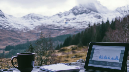 A close-up of a tablet showing a PPC ad performance report, placed next to a stylish coffee mug and a notepad.の素材