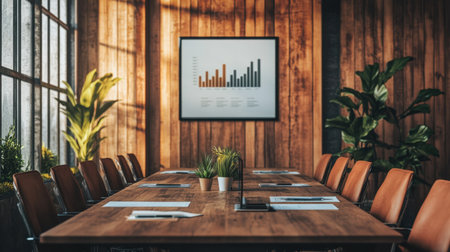 A contemporary conference room featuring a touch-screen whiteboard, a strategy plan, and business reports.の素材