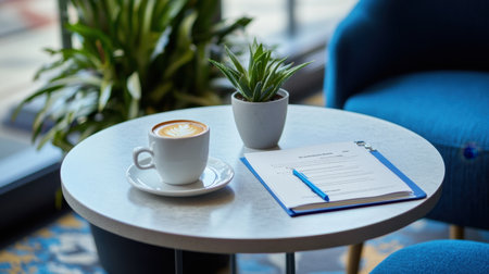 A corporate meeting table with an open planner, a business contract, and a cup of espresso.の素材