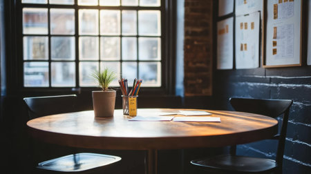 A creative co-working space with a round table, sticky notes, and a projector screen displaying teamwork analytics.の素材