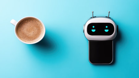 A digital customer service concept featuring a smartphone with a chatbot interface and a cup of coffee beside it.の素材