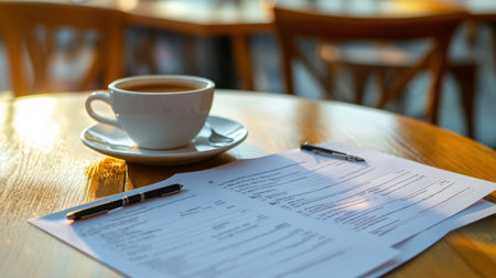 A corporate meeting table with an open planner, a business contract, and a cup of espresso.の素材