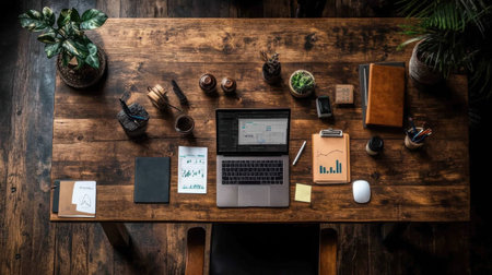 A creative marketing workspace with sticky notes, a tablet showing campaign analytics, and a stylish office setup.の素材