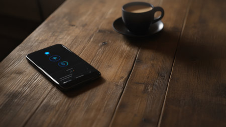 A digital support concept with a smartphone displaying a chatbot conversation, placed on a wooden desk with a coffee cup.の素材
