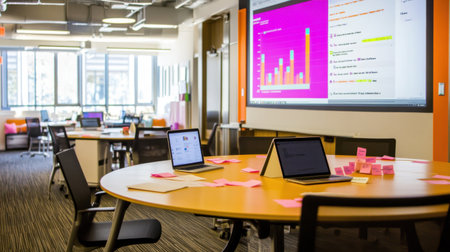 A creative co-working space with a round table, sticky notes, and a projector screen displaying teamwork analytics.の素材