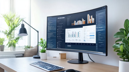 A digital marketing workspace featuring a large monitor with social media campaign insights, next to an elegant desk lamp.の素材