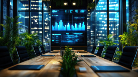 A high-end boardroom with a wooden conference table, stylish chairs, and digital screens showing financial growth charts.の素材