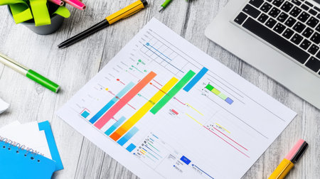 A flat lay of a business teamwork strategy, featuring a printed Gantt chart, highlighters, and an open laptop.の素材