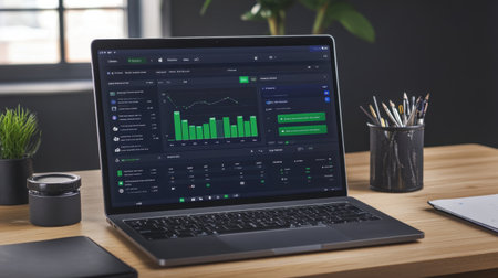 A laptop screen displaying a social media marketing dashboard, surrounded by office essentials on a wooden desk.の素材