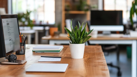 A high-tech office workspace with a large monitor displaying a team meeting agenda and a sleek office setup.の素材
