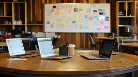 A modern office space with a round table, open laptops, and a whiteboard filled with team ideas and sketches.の素材