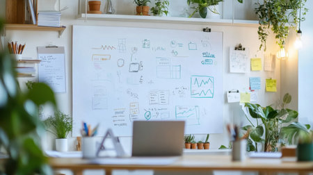 A modern office featuring a whiteboard filled with marketing funnel diagrams and strategy notes.の素材