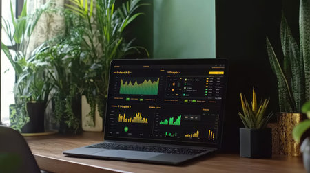 A minimalist desk with an open laptop showing a digital marketing KPI dashboard and a stylish office chair.の素材