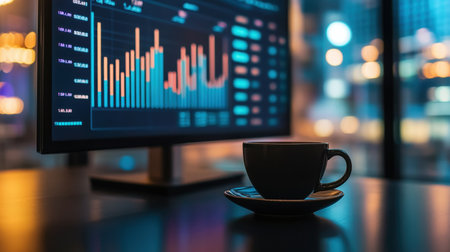 A modern business meeting table with a coffee cup, printed charts, and a large screen displaying corporate data.の素材