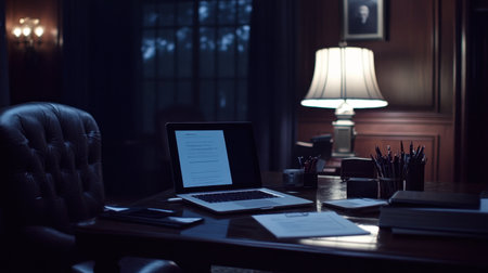 A professional business meeting space featuring an open laptop, a pen, and a document with project goals.の素材