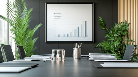 A professional boardroom with a projector screen, a sleek table, and a stack of business reports.の素材