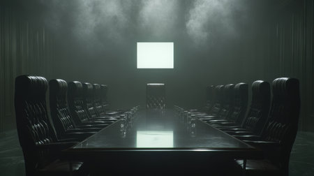 A professional boardroom setup with an executive table, leather chairs, and a digital presentation screen.の素材
