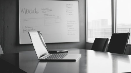 A professional business setting with a whiteboard full of planning notes and a laptop open to a strategic roadmap.の素材