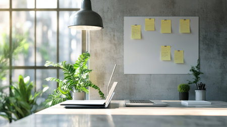 A professional office meeting space featuring a digital whiteboard, a laptop, and sticky notes arranged on the wall.の素材