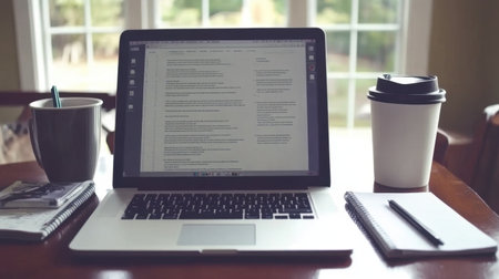 A professional business meeting space featuring an open laptop, a pen, and a document with project goals.の素材