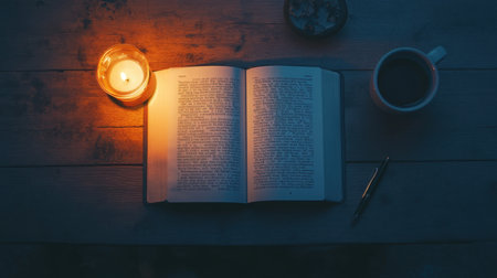 A teamwork motivation concept with an open book displaying leadership quotes, a pen, and a cup of coffee on a desk.の素材