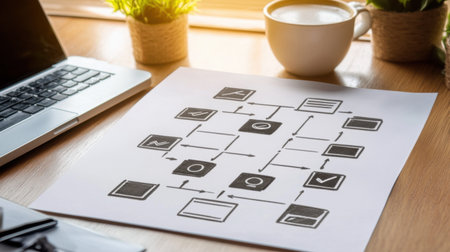 A workspace with a laptop, a coffee cup, and a printed workflow diagram symbolizing a business strategy session.の素材