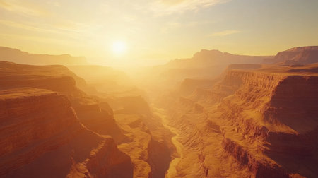 A breathtaking sunrise over the Grand Canyon, casting golden hues on the layered rock formations.の素材