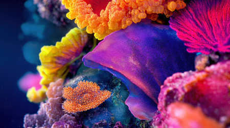 A dramatic close-up of vibrant coral formations and exotic sea creatures.の素材