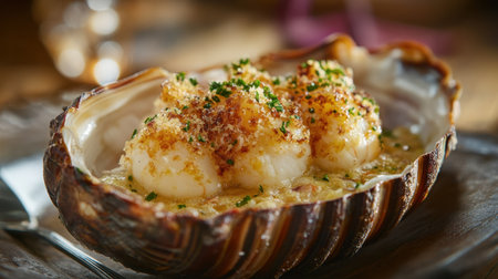 A gourmet dish of Lobster Thermidor, served in its shell with an elegant garnish.の素材