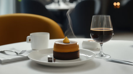 A luxurious caf setting with a steaming chocolate souffl and a side of espresso.の素材
