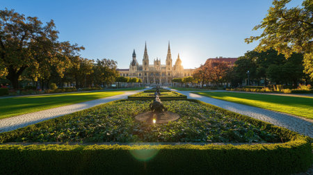 A scenic view of Viennas historic architecture and lush green parks under a clear blue sky.の素材