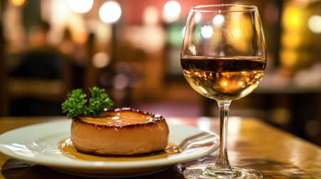 A rich foie gras dish served with a glass of aged French wine in an upscale restaurant.の素材