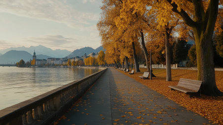 A scenic autumn pathway in a Zurich park, lined with golden trees and wooden benches.の素材