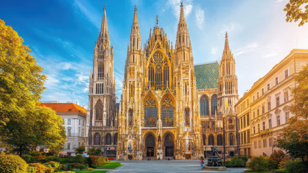 A scenic view of Viennas historic architecture and lush green parks under a clear blue sky.の素材