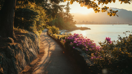 A serene morning at Stanley Park, featuring a winding pathway next to the ocean.の素材