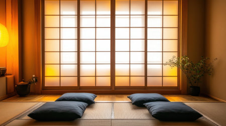 A serene tea lounge in a luxury Japanese hotel with soft lighting and wooden interiors.の素材