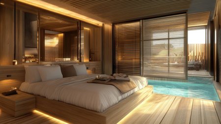 A stunning overwater bungalow with a view of crystal-clear turquoise waters.の素材