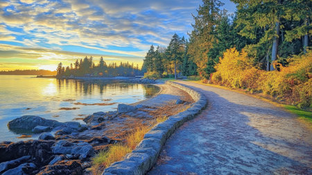 A serene morning at Stanley Park, featuring a winding pathway next to the ocean.の素材