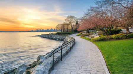 A serene morning at Stanley Park, featuring a winding pathway next to the ocean.の素材