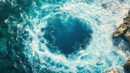 A stunning aerial view of the Great Blue Hole, with its deep blue center contrasting the turquoise sea.の素材