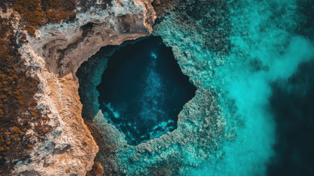 A stunning aerial view of the Great Blue Hole, with its deep blue center contrasting the turquoise sea.の素材