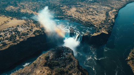 A spectacular rainbow forming over Victoria Falls, enhancing its natural beauty.の素材