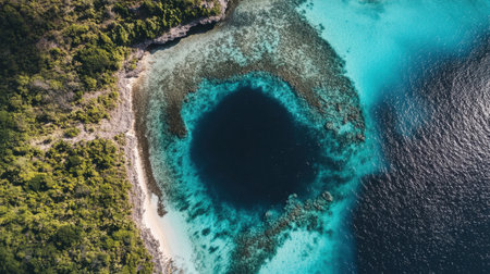 A stunning aerial view of the Great Blue Hole, with its deep blue center contrasting the turquoise sea.の素材